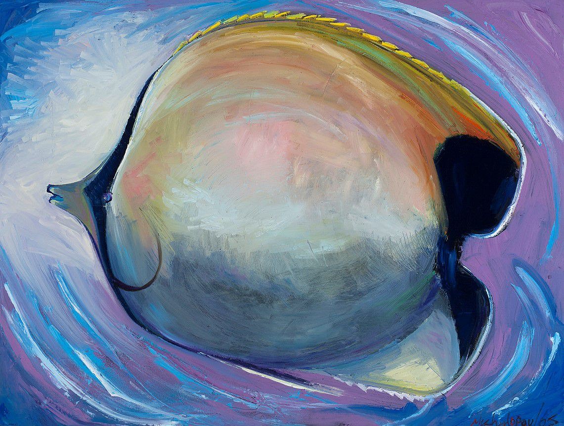 James Michalopoulos, Yellow and Purple
Oil on Canvas, 36 x 48 in.
This fish was one of several dozen fish participating in a study considering the effect of 175 million tons of plastic randomly dumped into its home ground habitat each year. Chester, not his real name, maintained a brave face for the most part. Under pressure, he conceded that everything in his environment was degrading except the plastic.
-James
$14,000