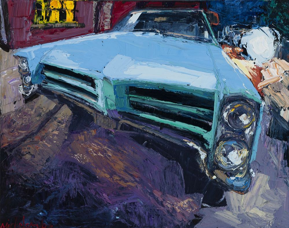 Cars are an unrestrained expression of American wealth, and an unrestrained expression of psychological willfulness…they represent our culture of great wealth, aspiration, and a time of us coming to terms with dealing with psychological immaturities. The notion that a possession of ours could represent us, could establish us, could make a permanent notion that we have of ourselves.
-James Michalopoulos
Michalopoulos tends to select as subjects American mid-century classic cars, in flashy colors like yellow, red, and powder blue. He often paints them at a dynamic angle, emphasizing the assertiveness of their design. These are stand-ins for the assumed attitudes of their owners – confident consumers of American style, with a little bit of the showman, believing that we are what we drive.
-Caroline Kerrigan, Curator