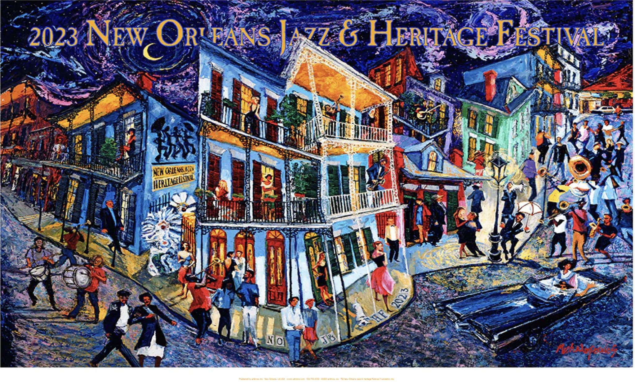 The New Orleans Jazz and Heritage Festival honored Michalopoulos as Official Artist six times (more than any other artist in the festival’s history), and featured his artwork on the highly-collected Festival poster. 
 Jazz Festival poster descriptions courtesy Art4Now. 
   
 Narrative easily emerges, though, when the subject is situated in a scene … or when two or three subjects occupy the same canvas…In the commissioned portraits of musicians for the New Orleans Jazz and Heritage Festival, Michalopoulos combines the personality of the subject and the timbre of their music with the narrative of place in which they are situated. 
 -Bradley Sumrall, the Ogden Museum of Southern Art, Chief Curator 
  