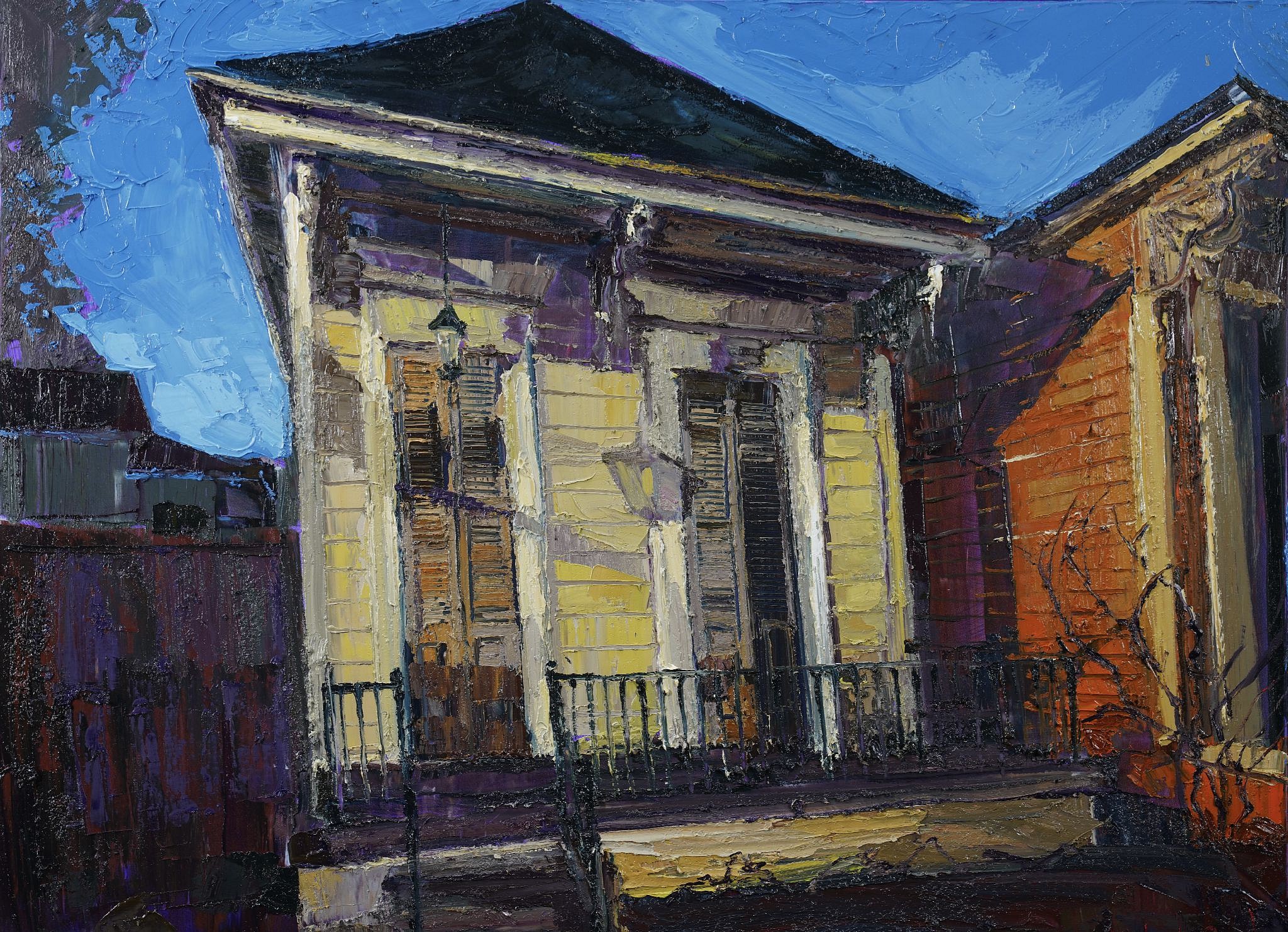 New Orleans is a city of celebration. It’s a city of sensuality. It’s a city of liberty and movement and I allow all that to fold into my work. My art work has been greatly influenced by the city. My primary subject matter has been the city of New Orleans. The architecture of New Orleans remains one of my favorite subjects.
-James Michalopoulos
Over the past thirty-five-plus years, Michalopoulos’s moody, heavily textured New Orleans streetscapes have made him one of the most recognizable artists in the city. In his fevered imaginings, buildings seem to dance and sway, the upper floors appearing to head in one direction and the ground floors in another. The inanimate seems animate, and it’s all at once enchanting and haunting … His paintings can forever change the way you see the city, and as such, his work has become almost inescapable.
-Wayne Curtis, Garden & Gun Magazine